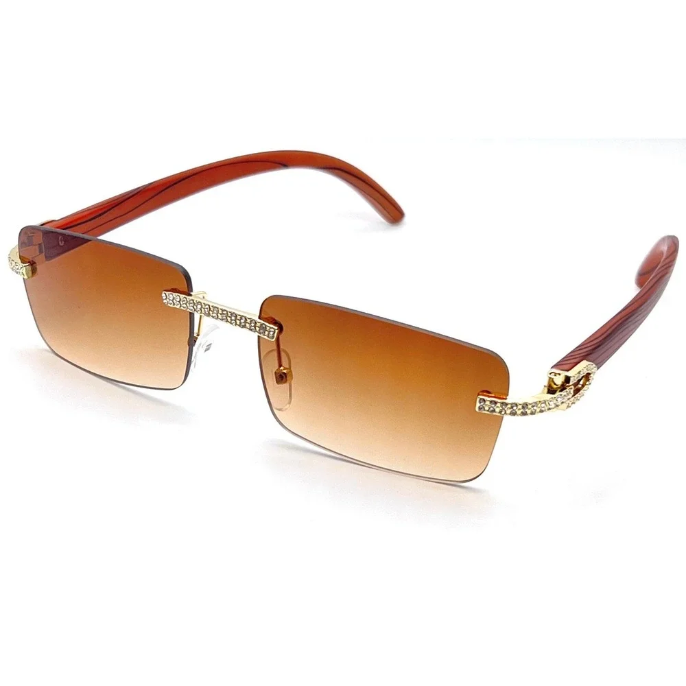 Square Men Sunglasses Rimless Brown Lens Fashion HipHop Retro Street Trendy Wear